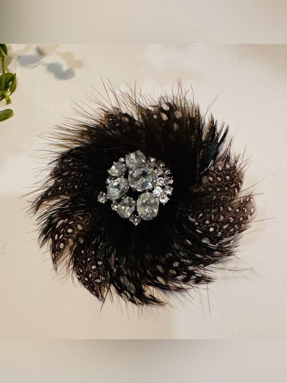 Stella and Dot Feather Brooch in Black, Cream with Rhinestone Centre 3 3/4”